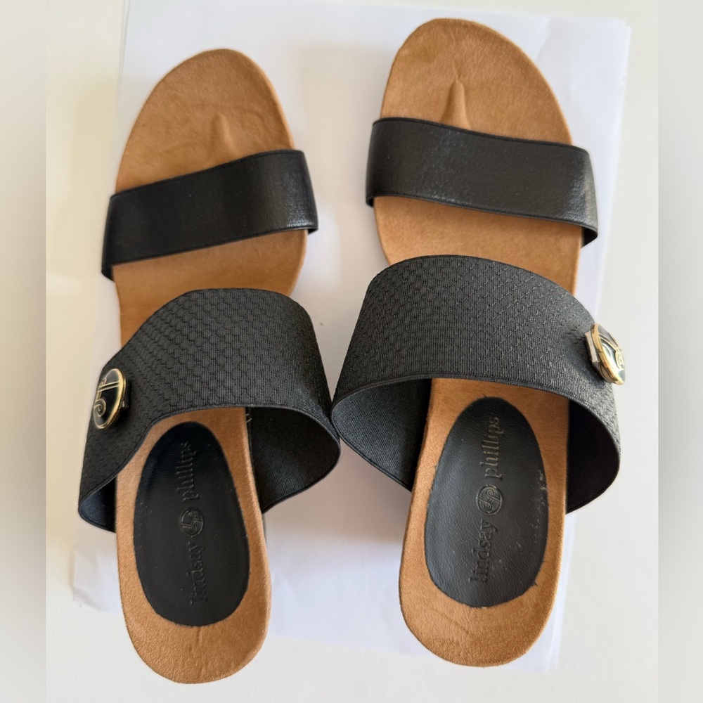 lindsay phillips Black and Tan Wedge Slide Sandals